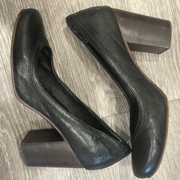 Frye Carson Leather Block Heel Pump Black Round Toe Classic Preppy Mod Retro 8.5 - Picture 6 of 8